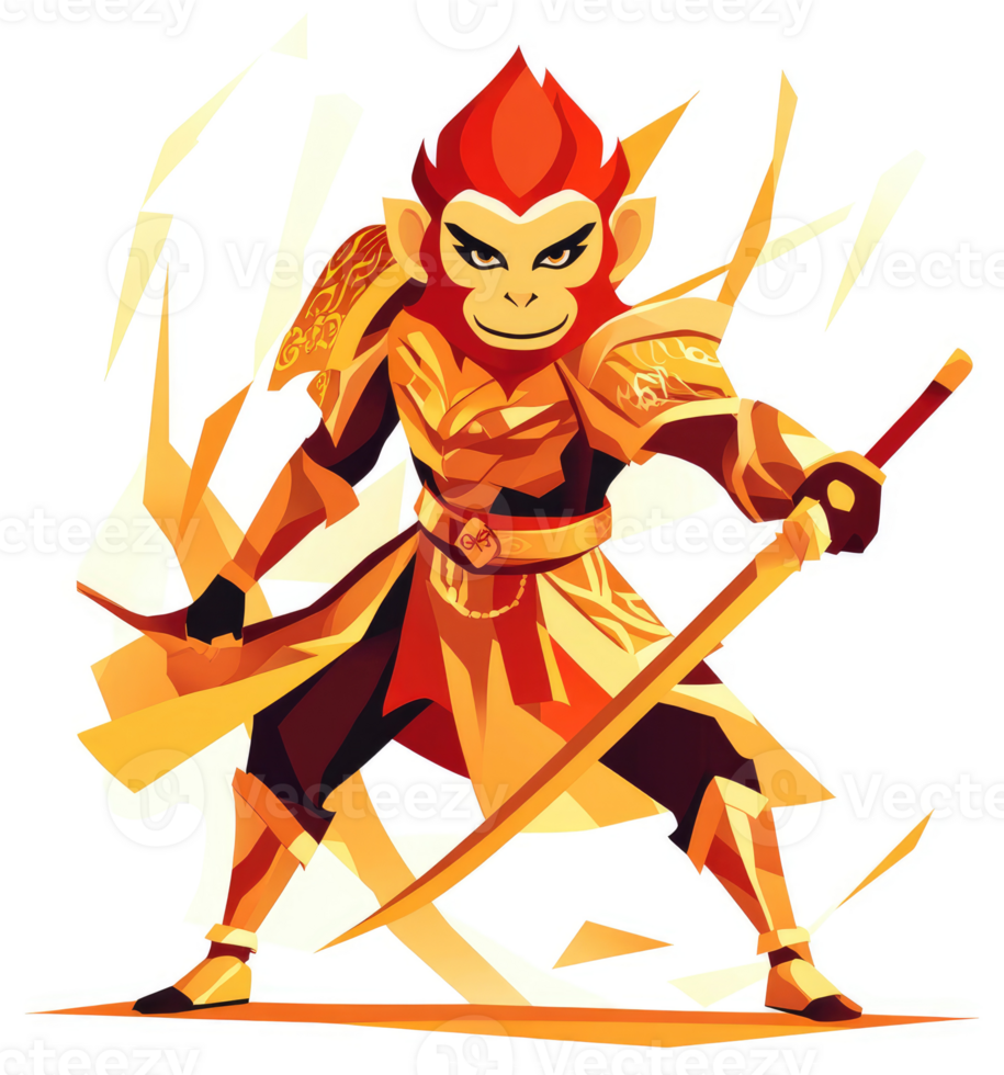 A stylized illustration of a powerful monkey warrior in vibrant gold and red armor. png