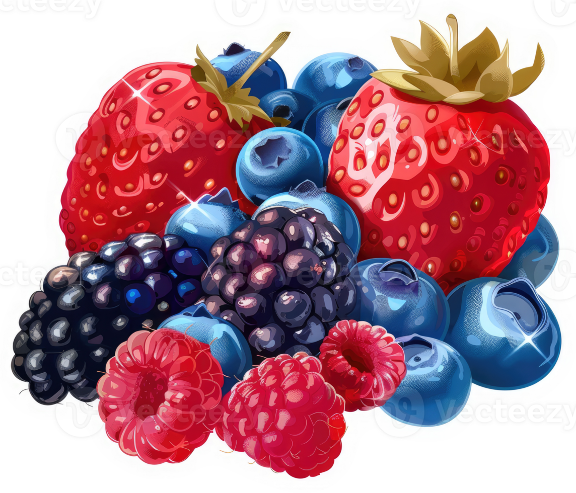 A colorful mix of fresh berries, including strawberries, blueberries, raspberries, and blackberries. png