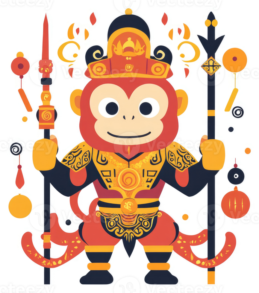 A colorful illustration of a stylized monkey king, ready for adventure. png