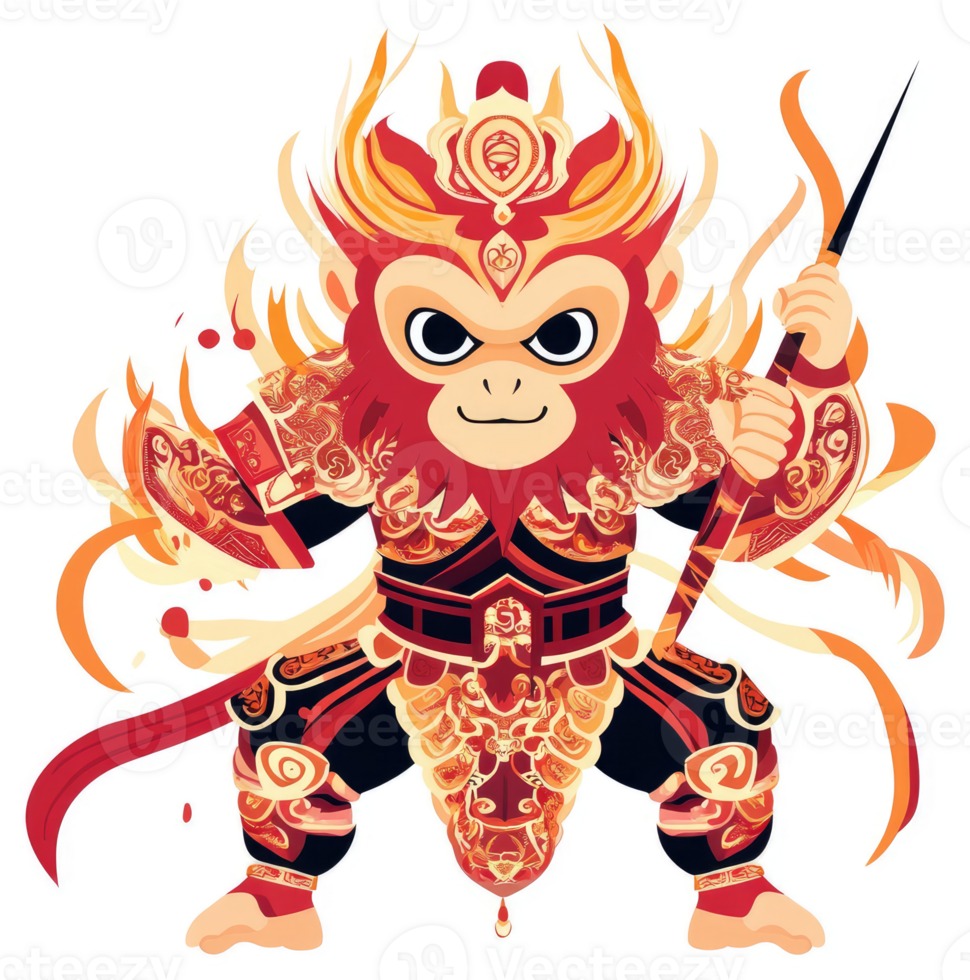 A vibrant illustration of the fiery monkey king, adorned in ornate armor. png