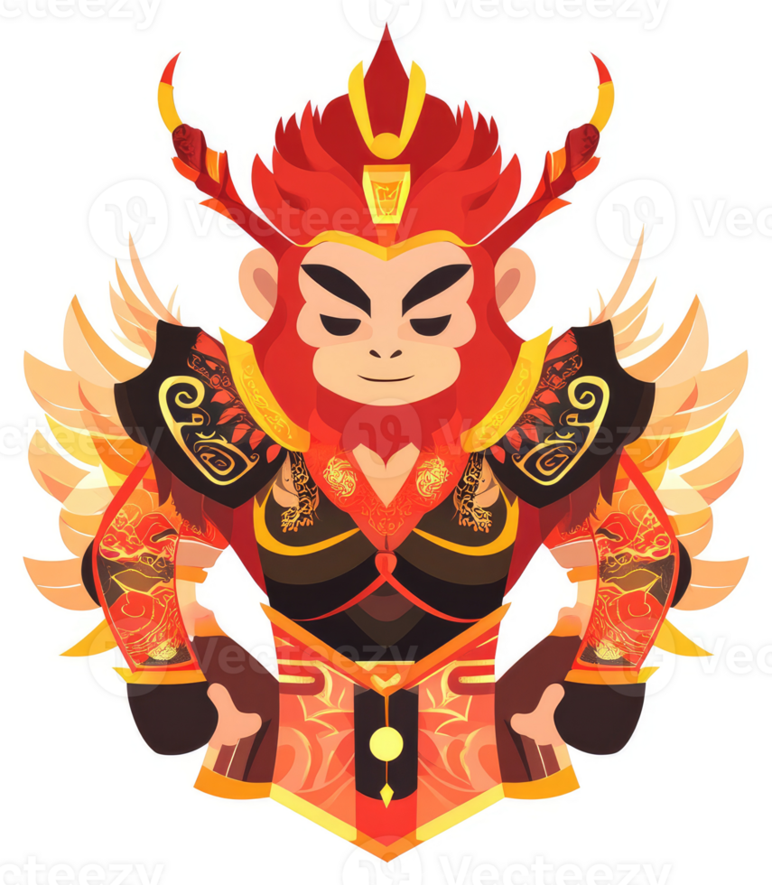 A vibrant depiction of a fiery monkey warrior in ornate chinese armor. png