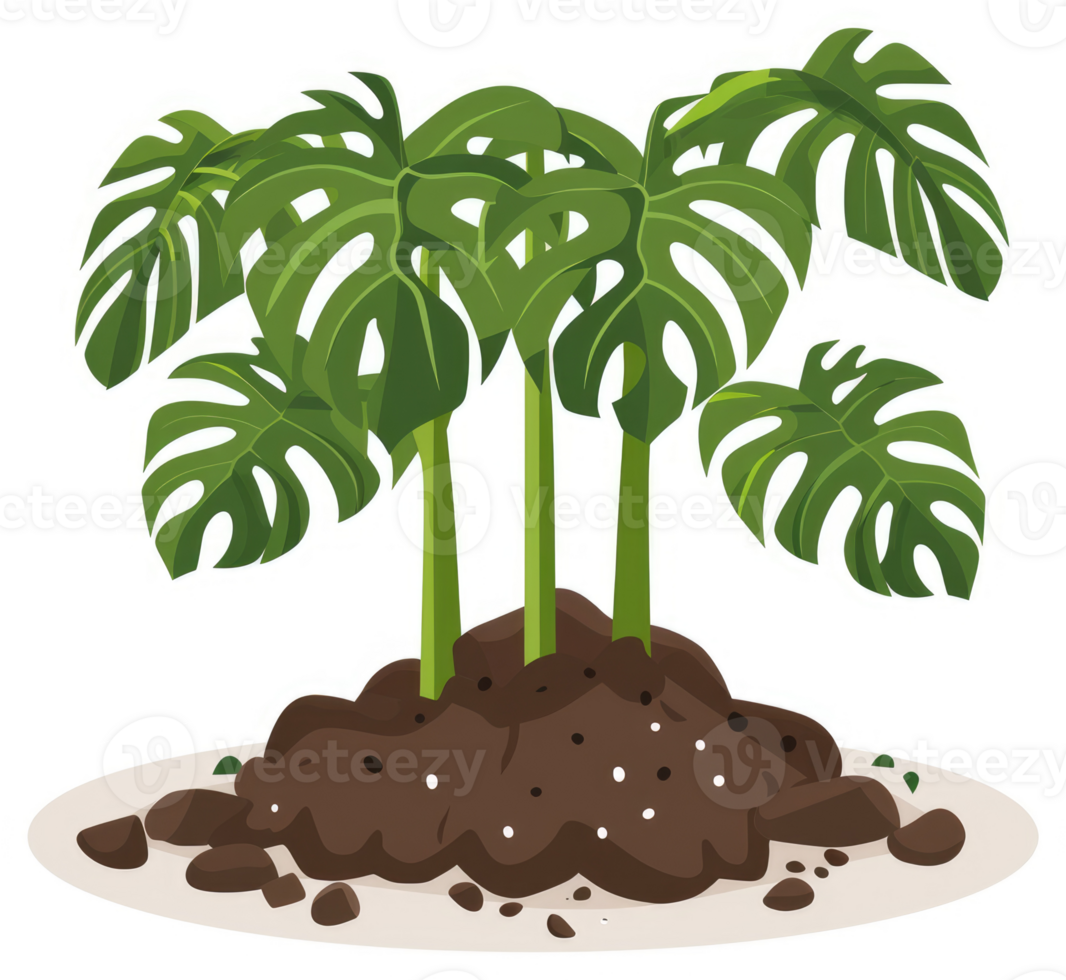 A cluster of monstera plants in a bed of rich soil. png