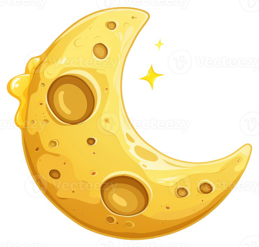A cartoon illustration of a whimsical, honey-like crescent moon. png