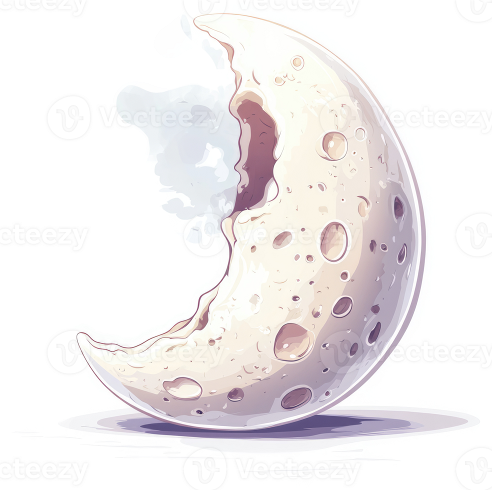 A whimsical depiction of a crescent moon with textured craters. png