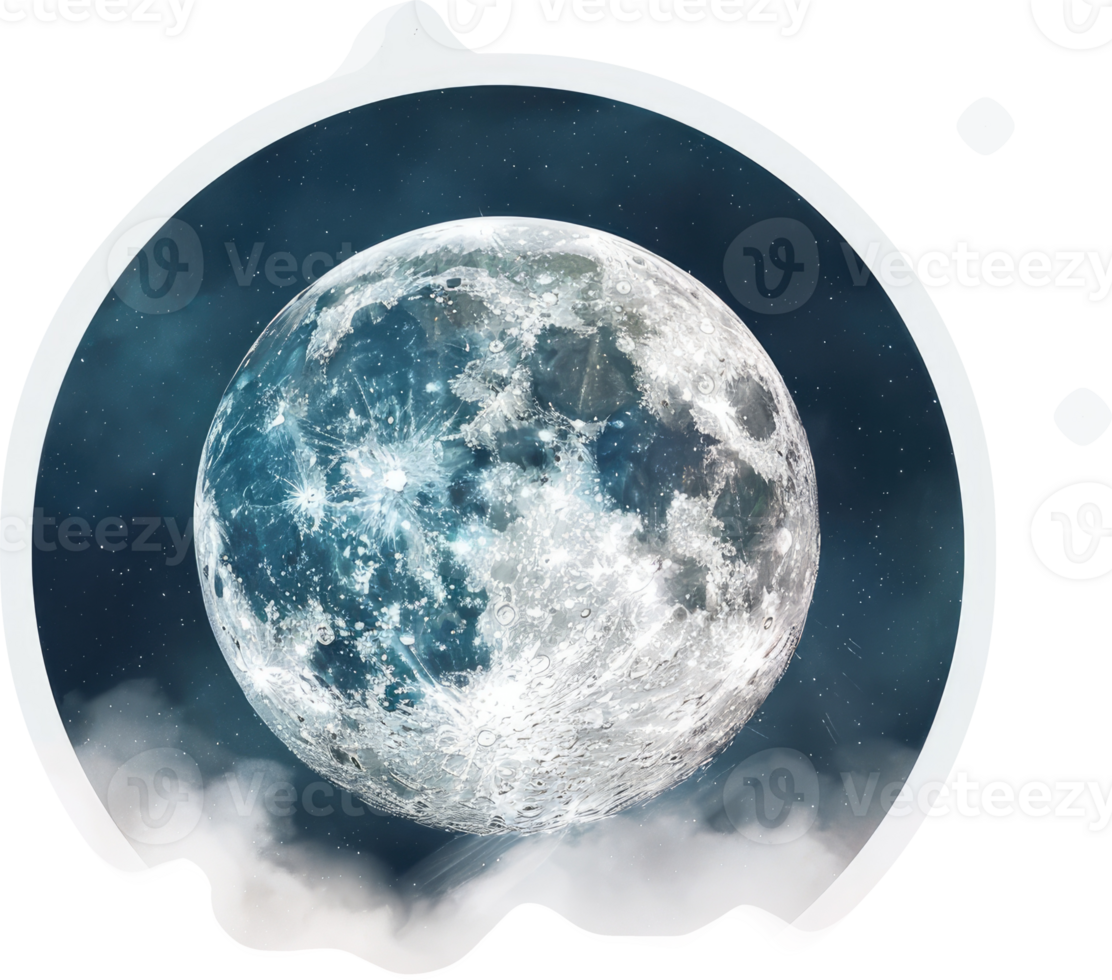 A breathtakingly detailed illustration of a full moon bathed in celestial light. png