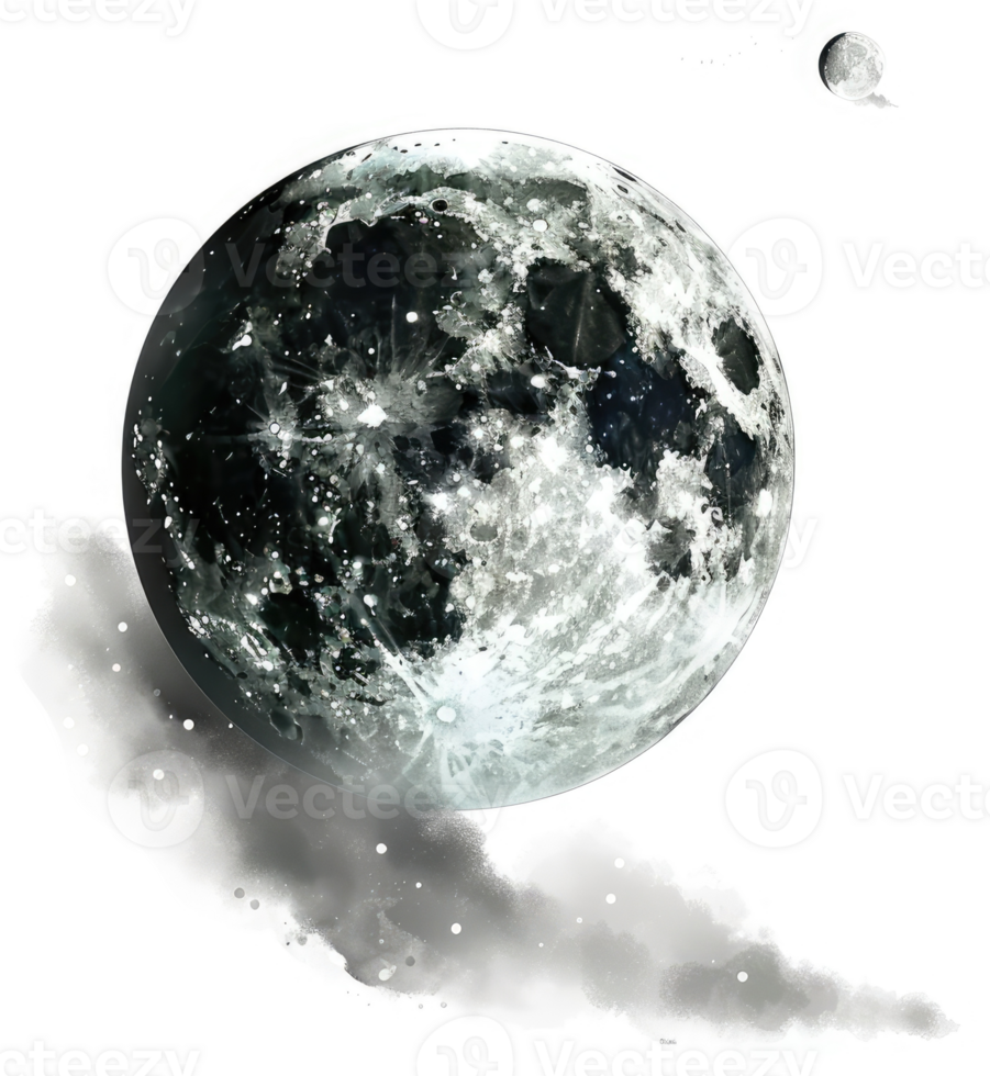 A stylized, grayscale depiction of a celestial body, possibly a moon, amidst cosmic dust. png
