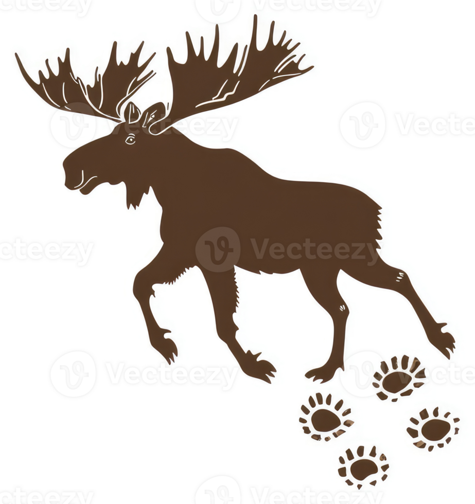 A silhouette of a moose in motion, with its tracks, showcasing its impressive antlers. png