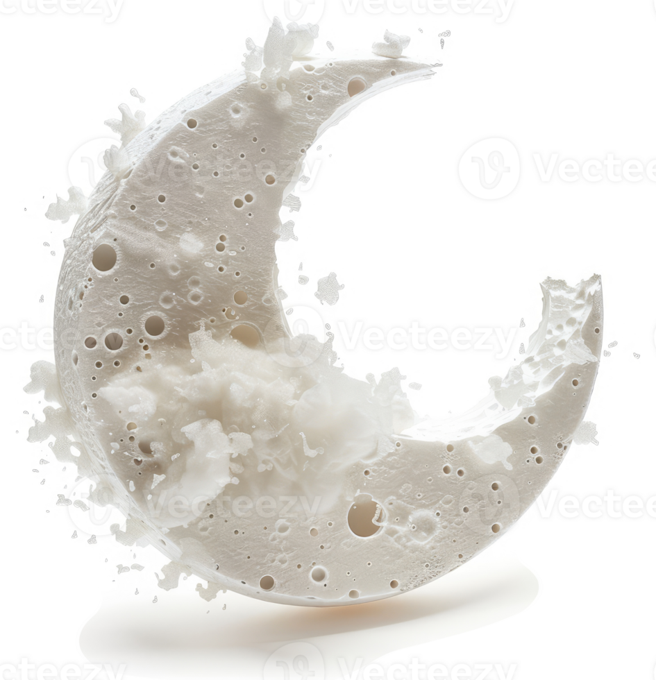 A crescent moon-shaped object erupting in a dynamic display of abstract splatter. png