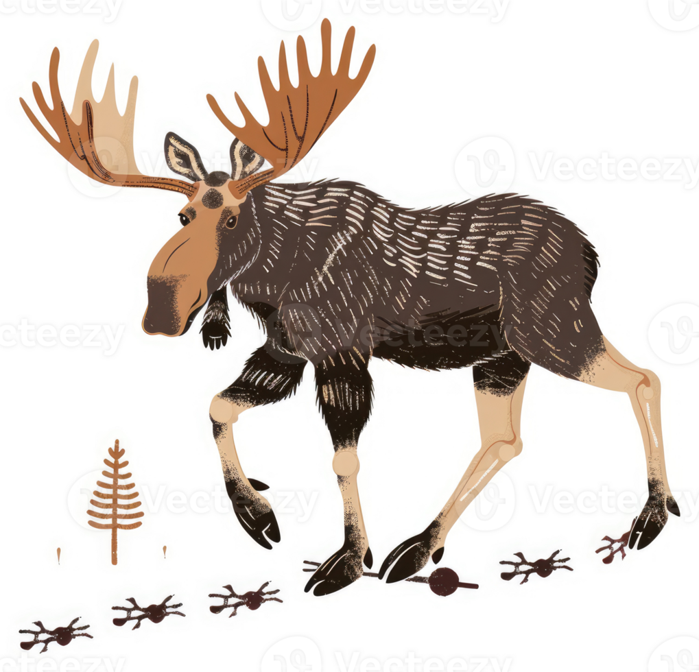 A stylized illustration of a majestic moose with antlers and tracks. png