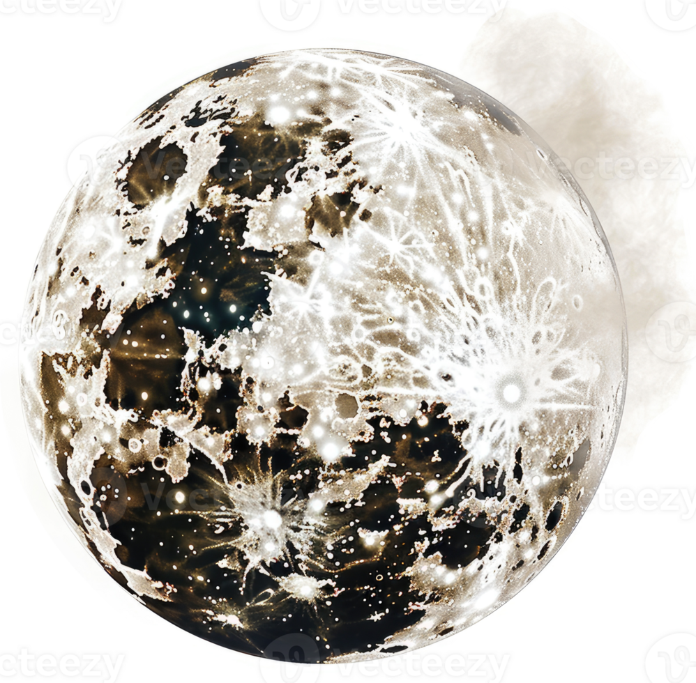 A detailed view of the moon's surface with craters and light patterns. png