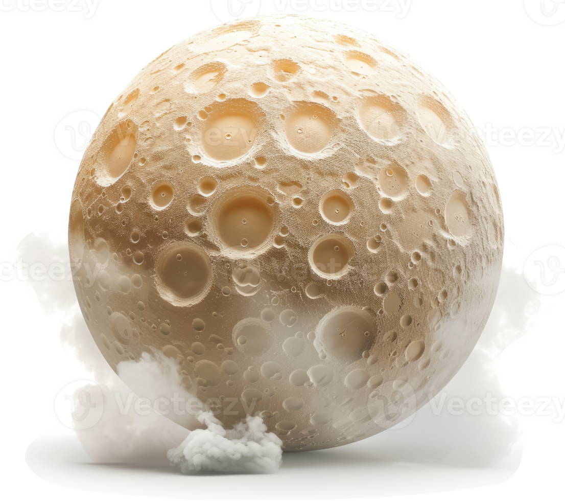 A detailed illustration of the moon, textured with craters, surrounded by wispy clouds. png
