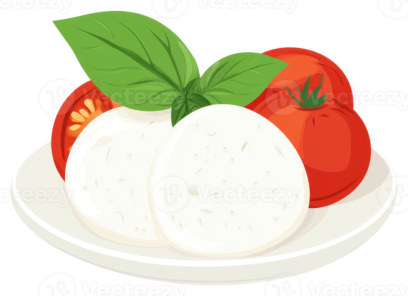 A plate of fresh mozzarella and tomatoes with basil leaves. png