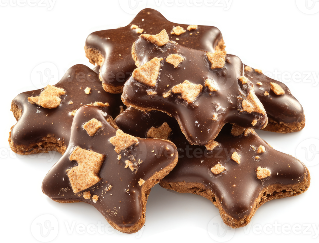 A pile of star-shaped gingerbread cookies, coated in dark chocolate and topped with crunchy bits. png