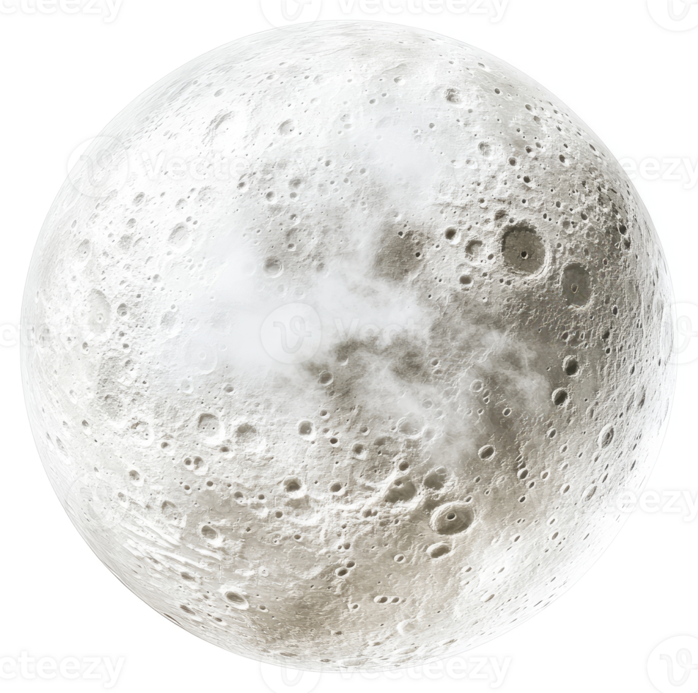 A detailed depiction of the moon's surface with craters and a hazy atmosphere. png