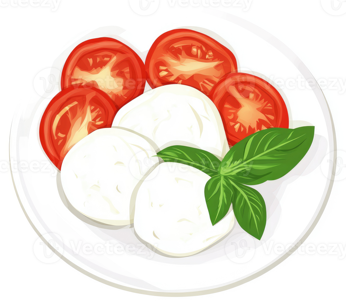 A plate of fresh mozzarella and sliced tomatoes with basil. png