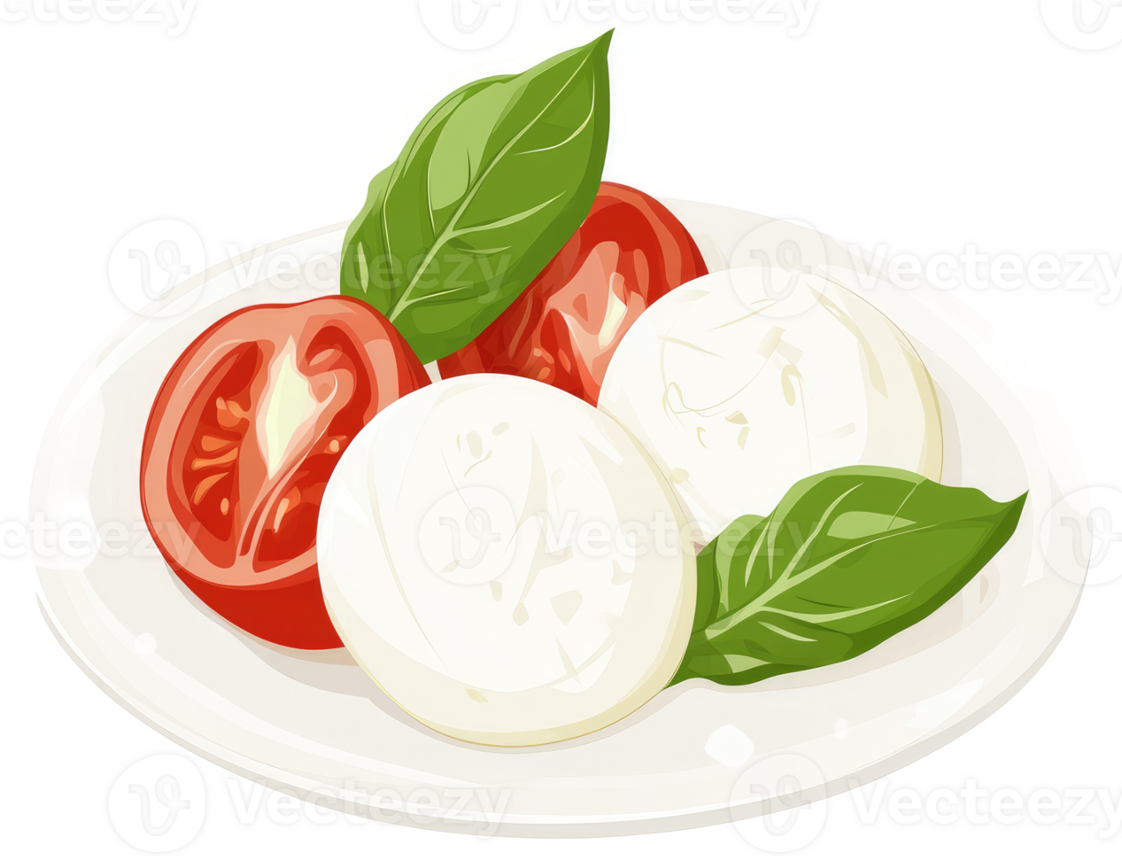A plate of fresh mozzarella and sliced tomatoes with basil leaves. png
