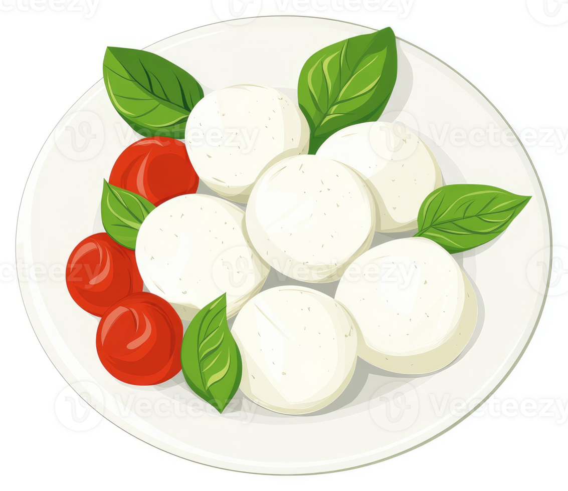 A plate of fresh mozzarella balls, cherry tomatoes, and basil leaves. png