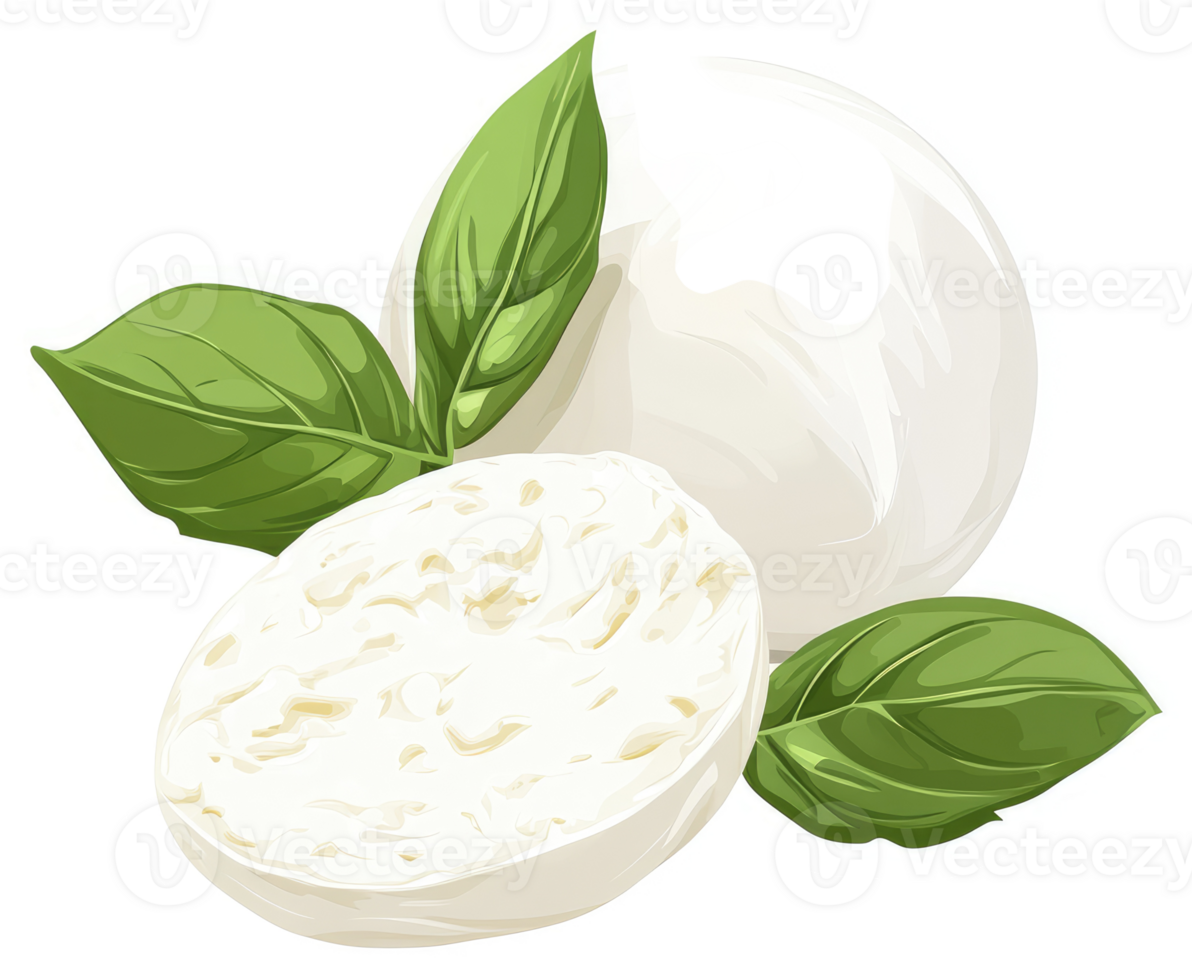 Fresh mozzarella balls and slices with basil leaves. png