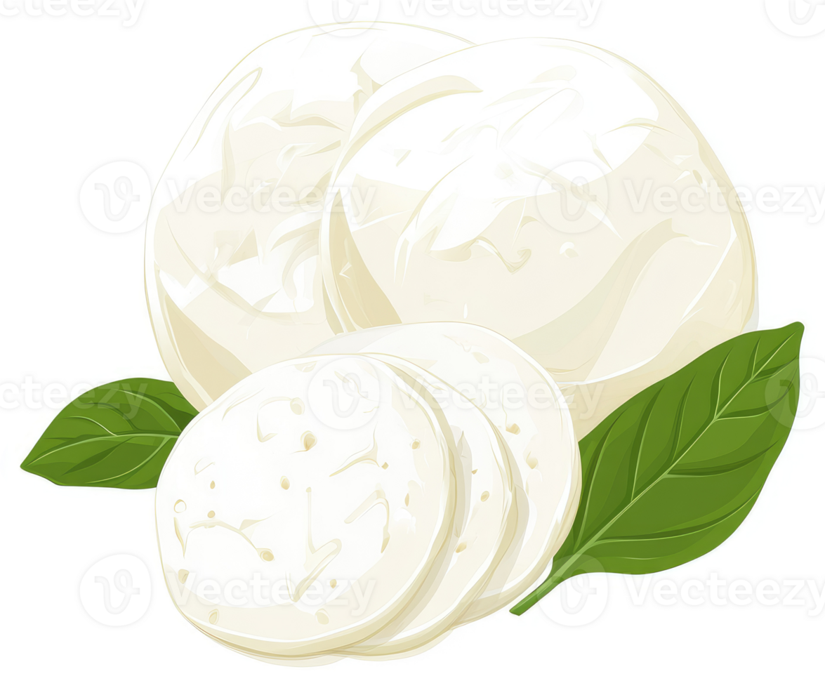 Fresh mozzarella slices and a ball of cheese, ready to be enjoyed. png