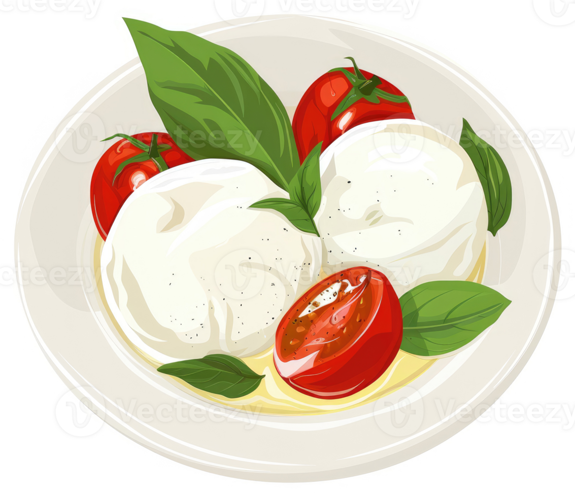 A plate of fresh mozzarella, cherry tomatoes, and basil. png