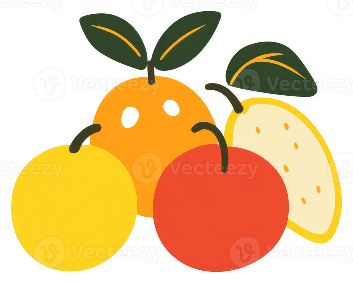 A colorful depiction of various citrus and apple fruits. png
