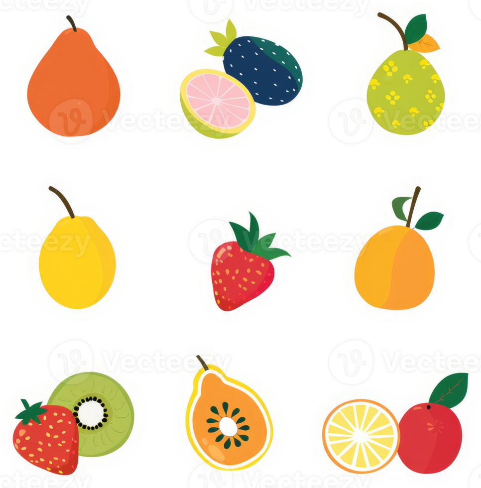 A collection of colorful fruit illustrations. png