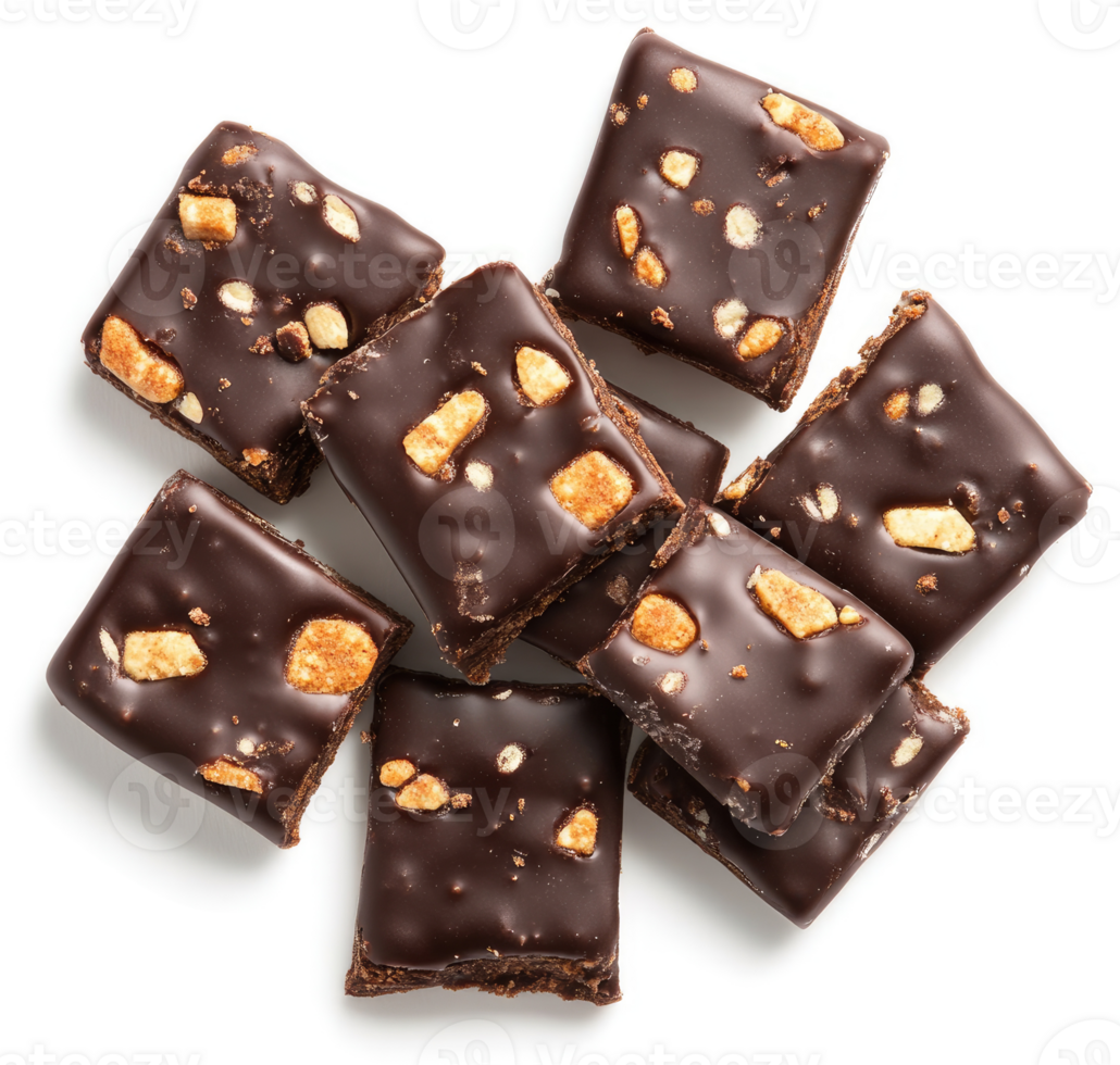 A pile of rich, dark chocolate squares with crunchy pieces. png