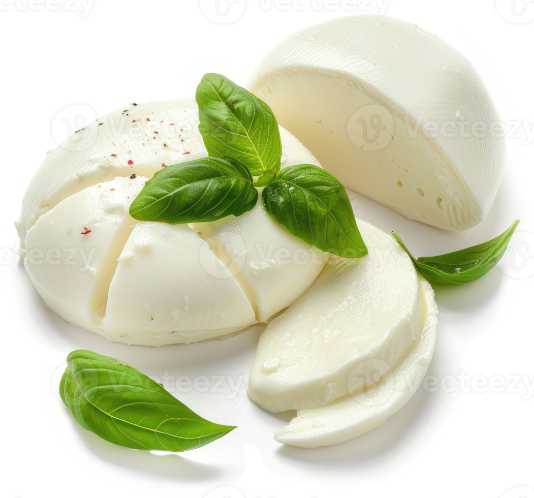 Sliced mozzarella cheese with fresh basil leaves. png