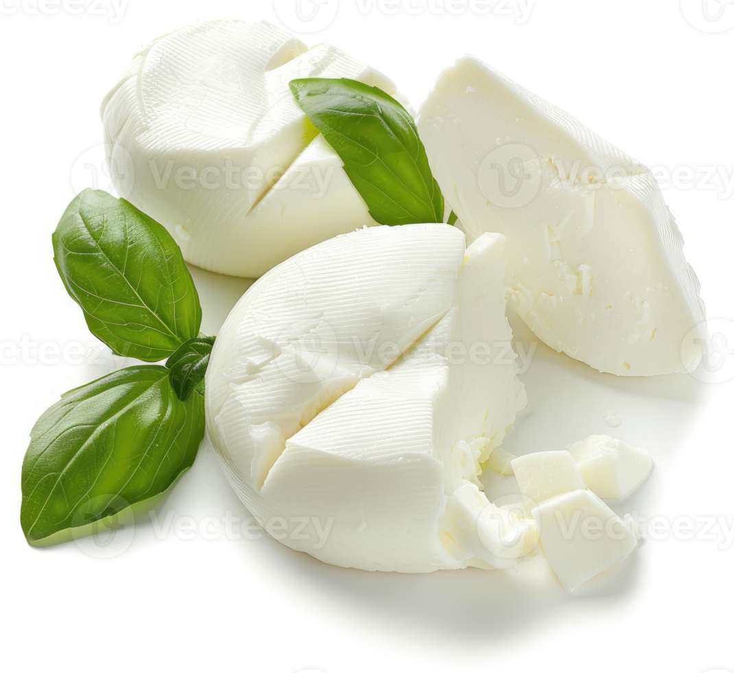 Sliced soft white cheese with fresh basil leaves. png