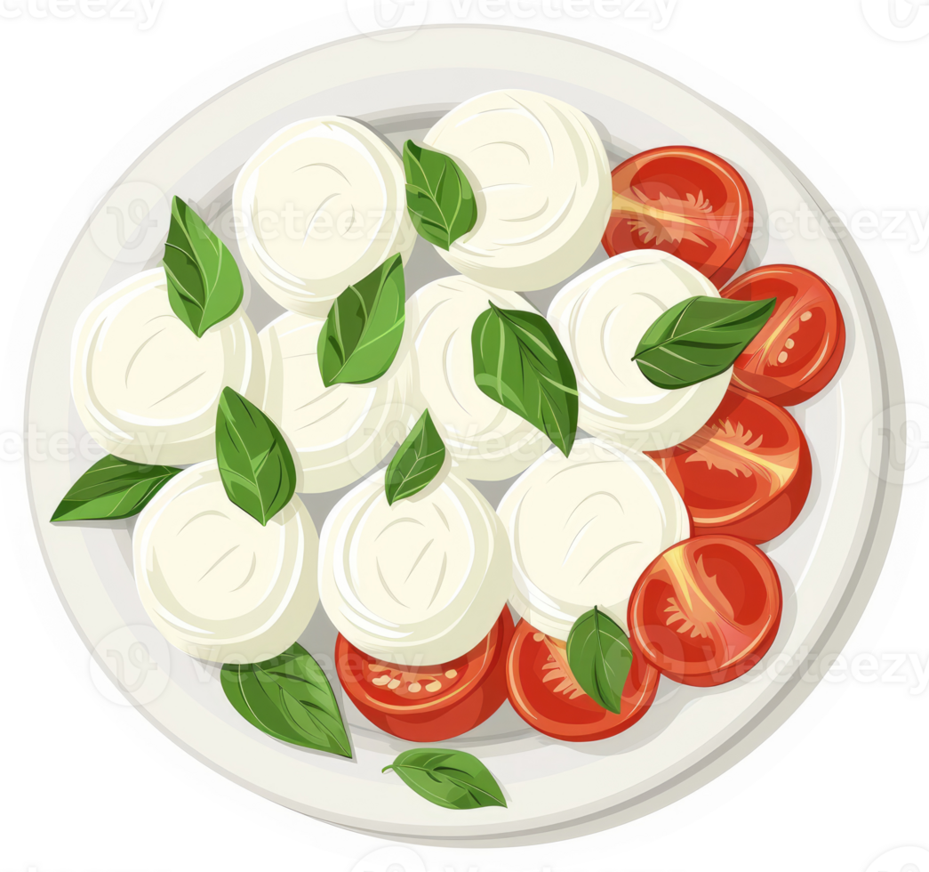 A plate of fresh mozzarella and tomato salad with basil. png