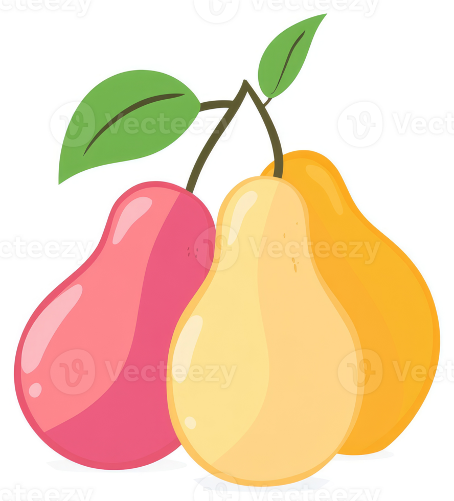 A vibrant illustration of three pears with leaves. png