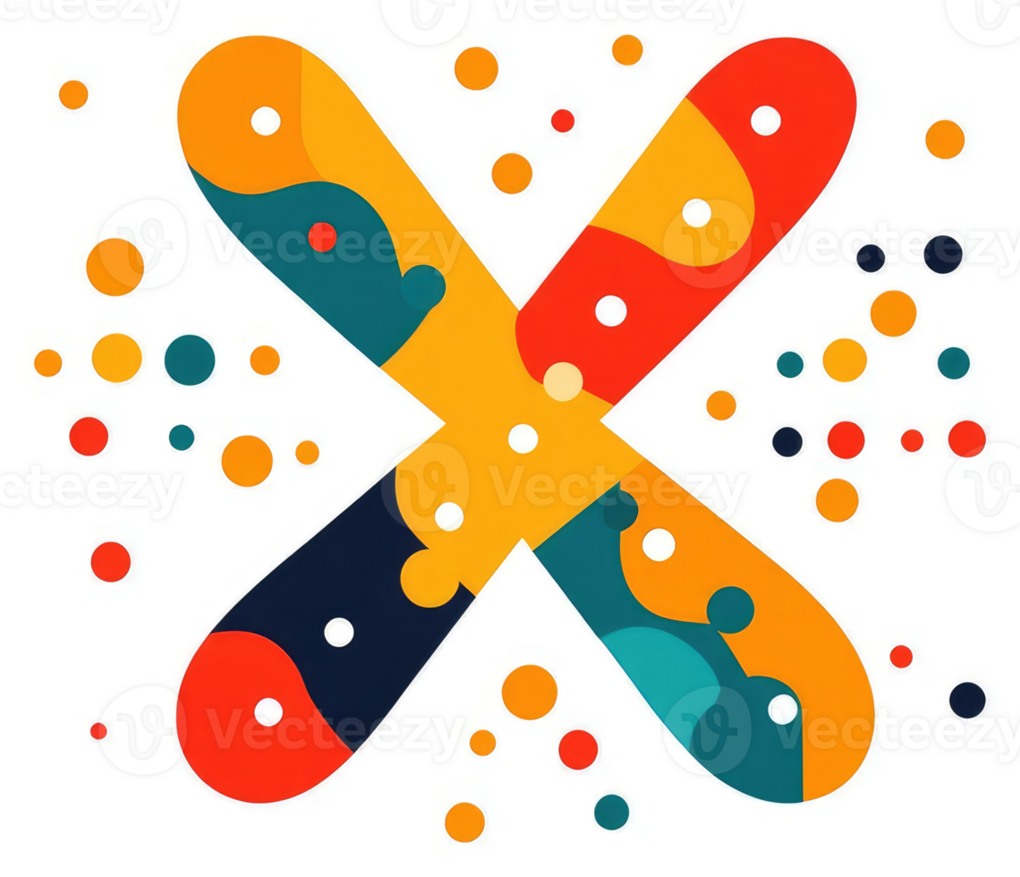 A vibrant, abstract design of the letter X, composed of colorful shapes and dots. png