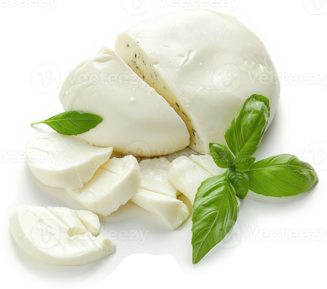 Sliced fresh mozzarella with basil garnish. png