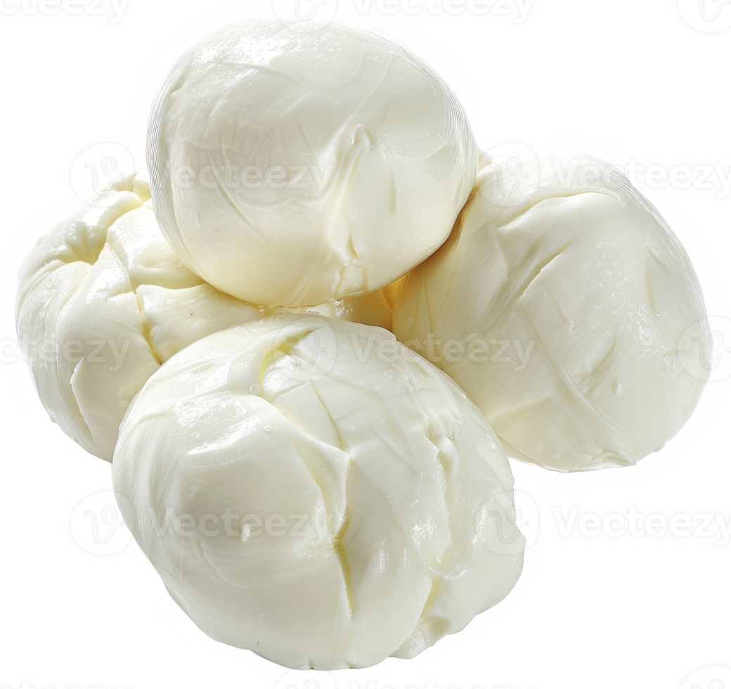 A close-up view of several fresh, round balls of mozzarella cheese. png