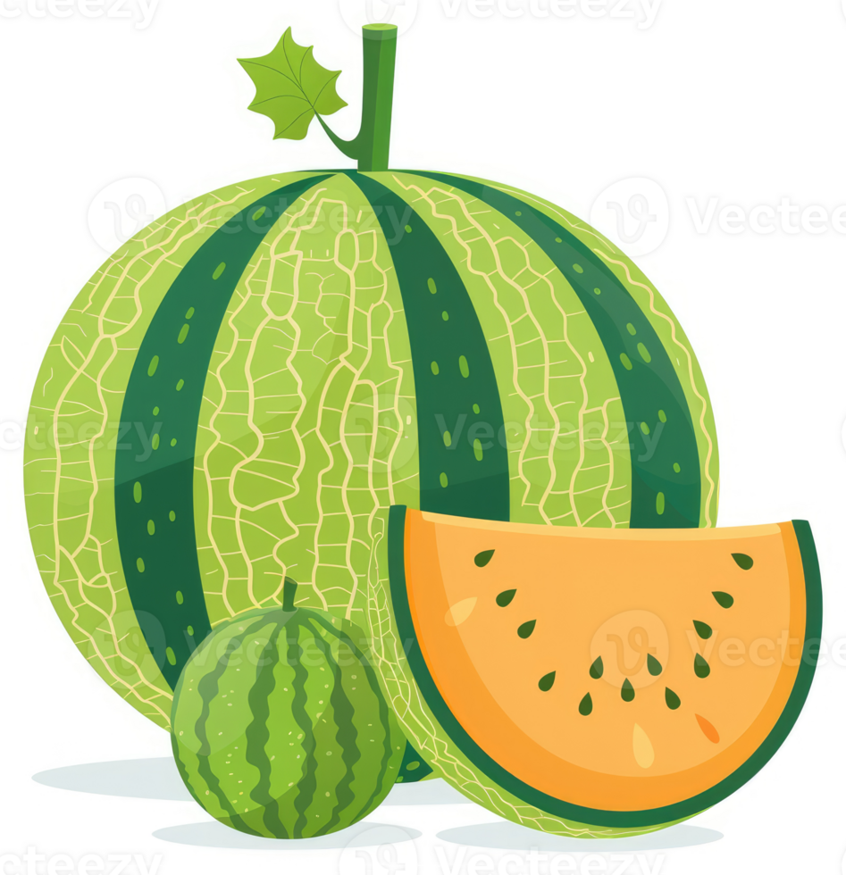 A whole cantaloupe and a slice of watermelon. png