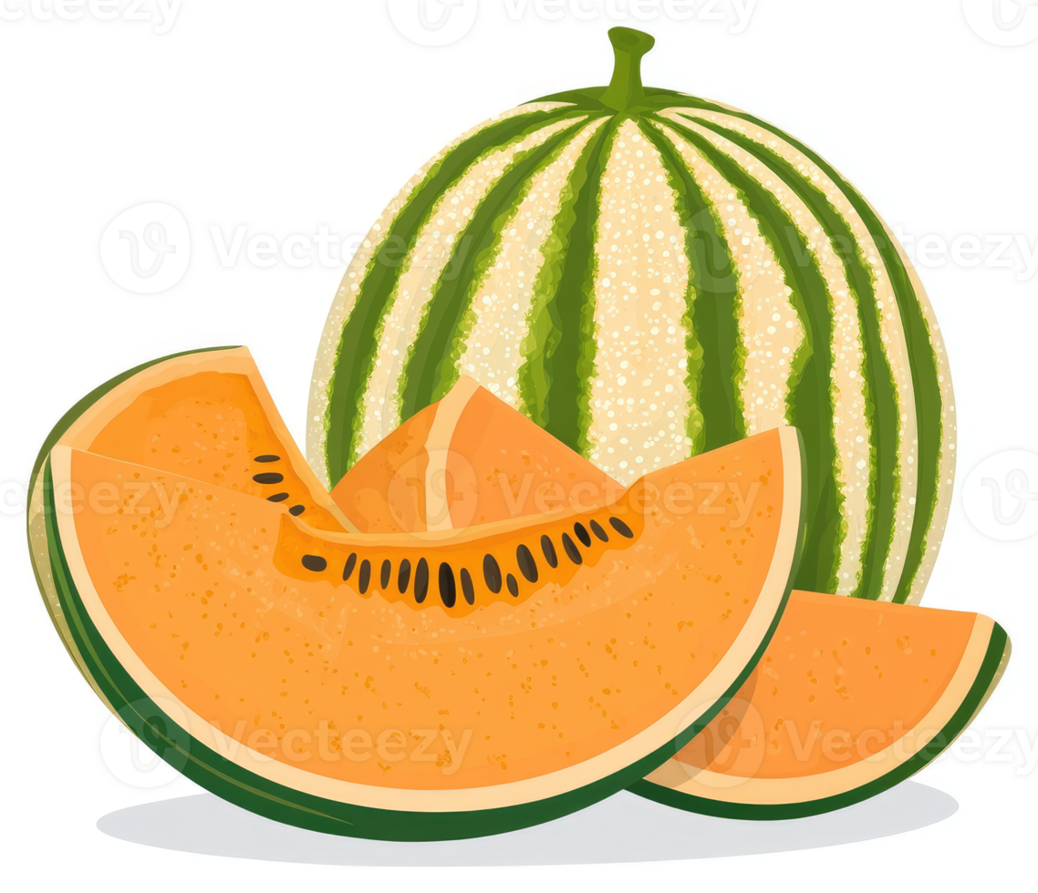 A whole watermelon and cantaloupe slices displayed together. png