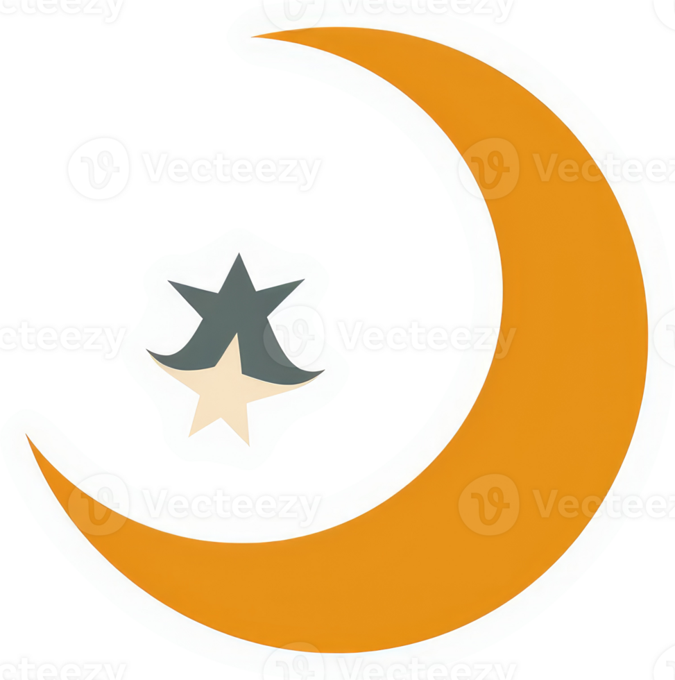 A stylized crescent moon and star graphic design. png