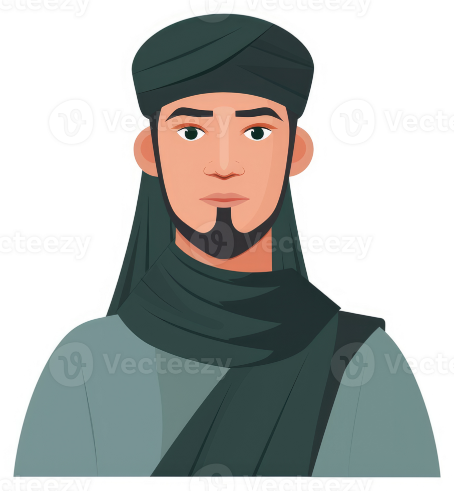 A man in traditional muslim attire, wearing a green turban and a dark green shawl. png