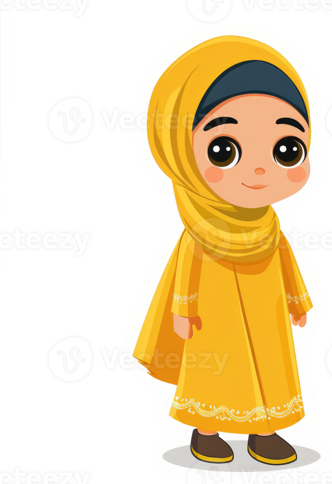 A young girl in a traditional yellow islamic dress and head covering. png