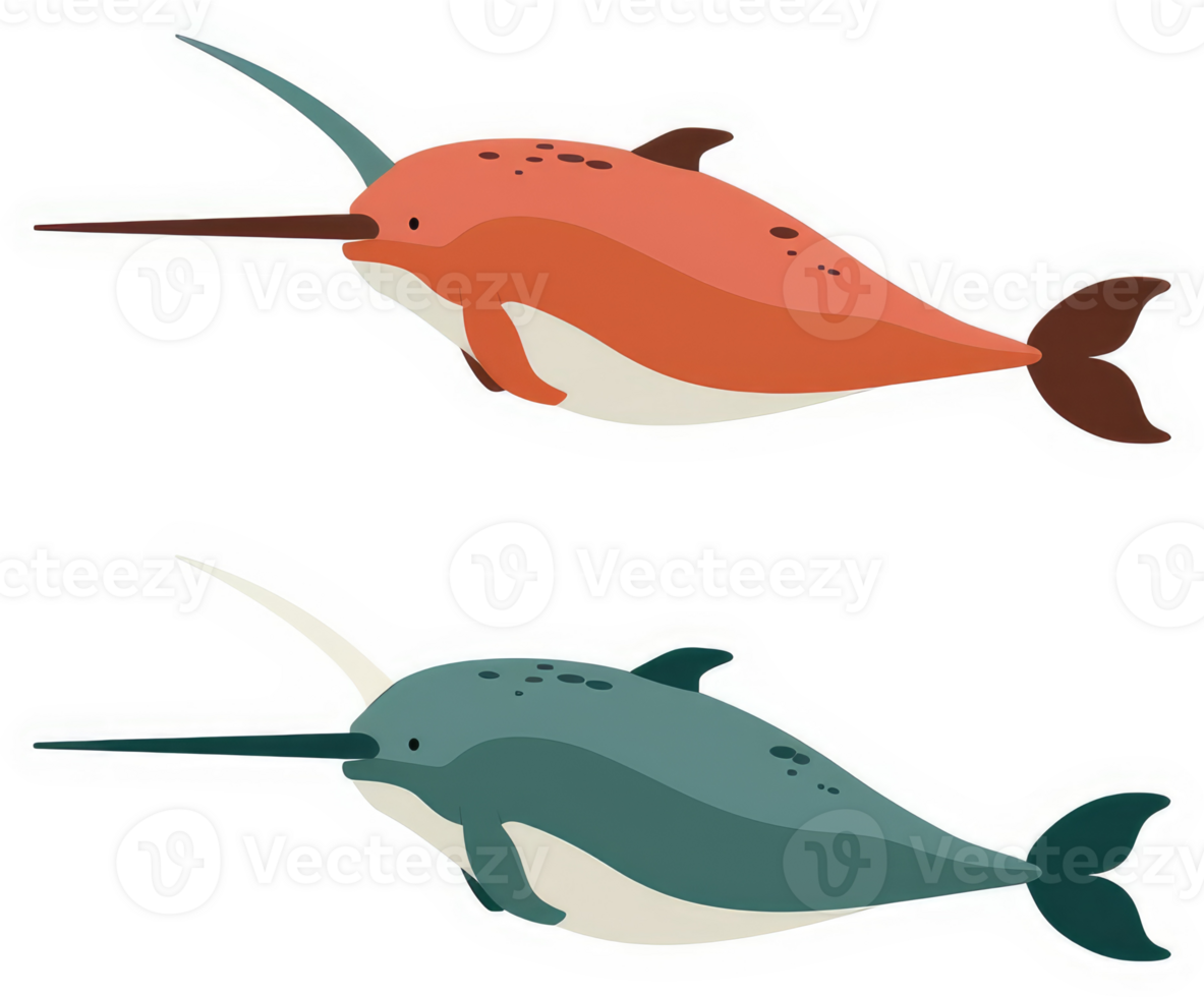 Two narwhals, one orange and one teal, swimming in the ocean. png