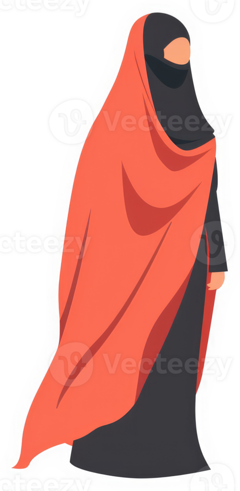A stylized illustration of a woman wearing a hijab and a vibrant orange cape. png