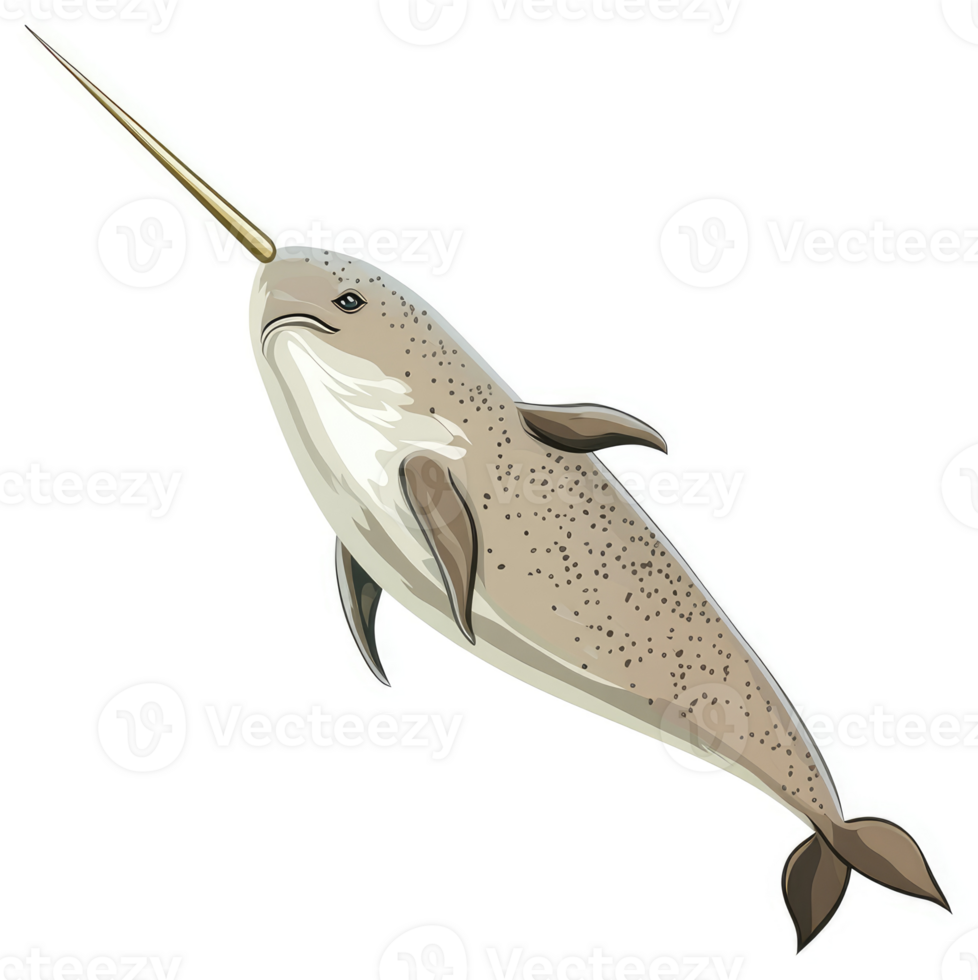 A detailed illustration of a narwhal with a distinctive tusk. png
