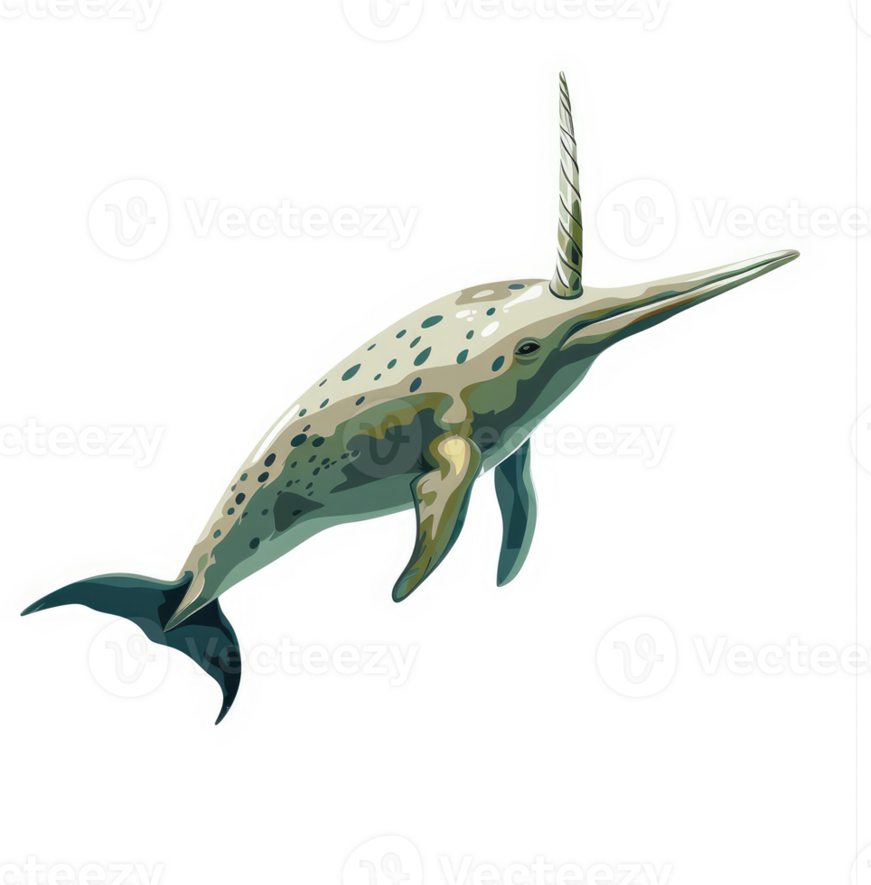 A narwhal, a mythical creature with a long horn, leaping out of the water. png