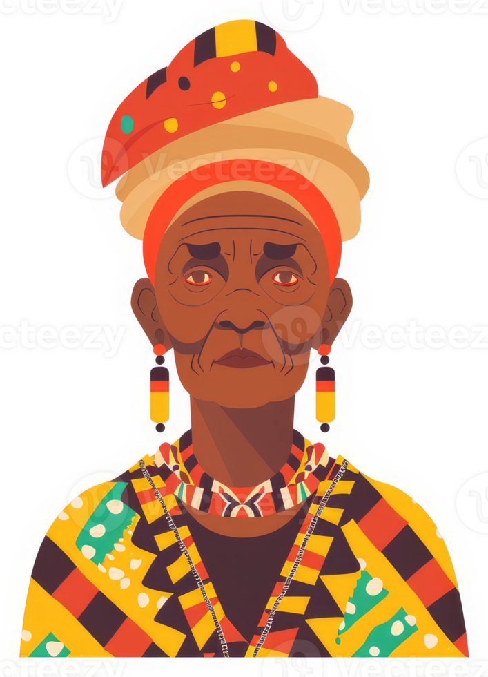 A stylized portrait of an elder woman adorned in vibrant traditional attire. png