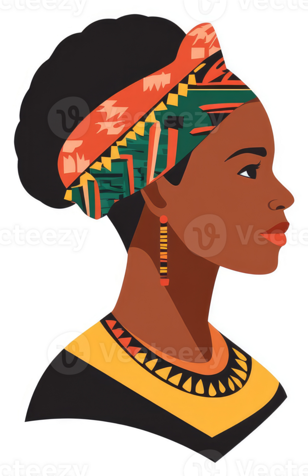A stylized portrait of an african woman adorned with vibrant patterned headwrap and necklace. png