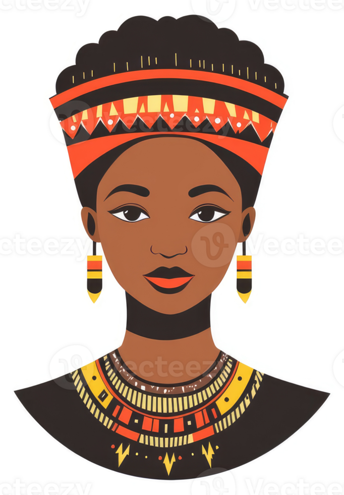An illustration of an african woman adorned with traditional jewelry and headpiece. png
