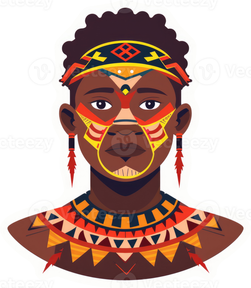 A stylized portrait of a person with intricate tribal adornments. png