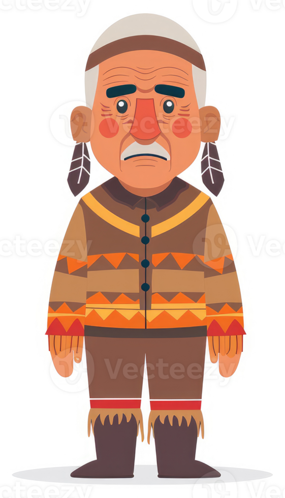 A cartoon depiction of a thoughtful indigenous elder in traditional attire. png