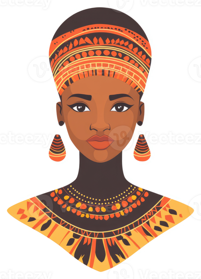 A stylized portrait of an african woman adorned with vibrant tribal patterns. png