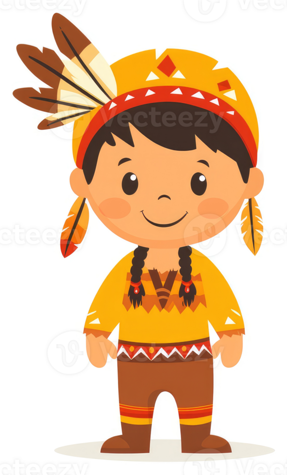 A cheerful cartoon character dressed in native american attire. png